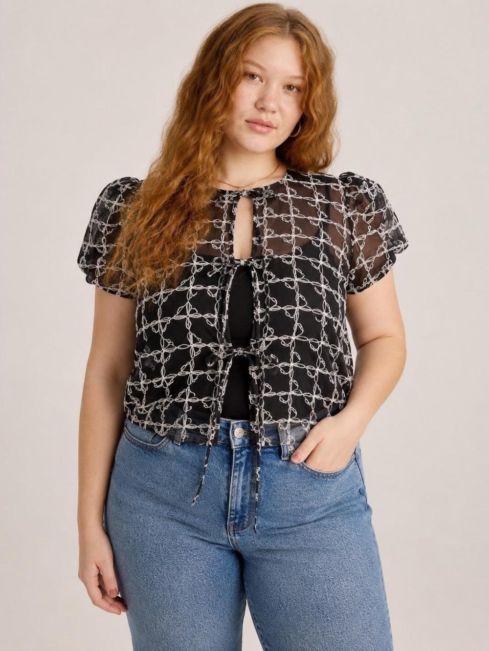 Lisa Says Gah Black Sheer Bow Tie-Front Top